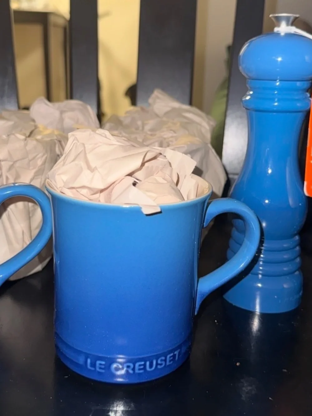 6 piece Le Creuset coffee mug set and salt and pepper mill set